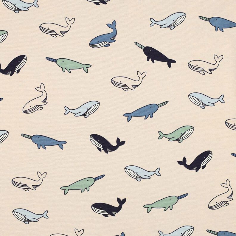 Bomuldsjersey Søde hvaler| Poppy Fabrics – cashew/marineblå,  image number 1