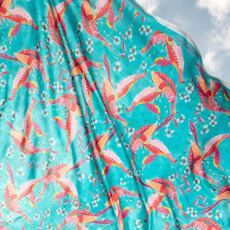 Beachwear viskosestof p&aring;fugle og blomster &ndash; aquabl&aring;/intens pink,  image number 6