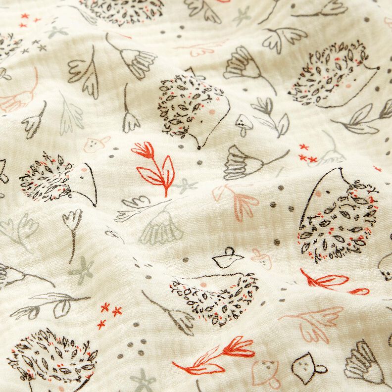 Musselin/Dobbelt-Crincle stof Pindsvin og skovplanter &ndash; uldhvid,  image number 2