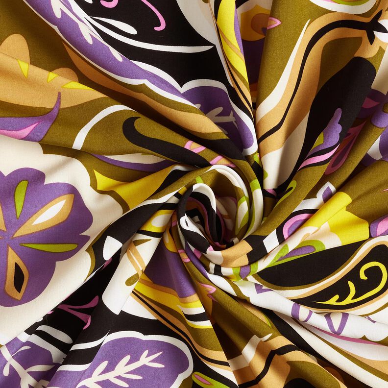 Viskosestof retroblomster – olivengrøn/lilla,  image number 3