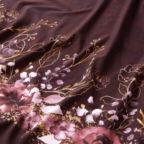 Bomuldsjersey Bordure stof Blomster i guldglimmer | Glitzerpüppi – bordeaux/pastelhyld, 