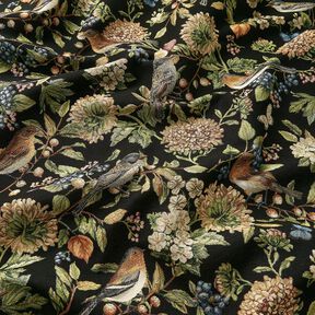 Dekorationsstof Gobelin blomster og fugle – sort/grøn, 