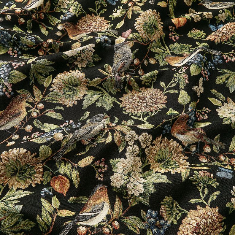 Dekorationsstof Gobelin blomster og fugle – sort/grøn,  image number 2
