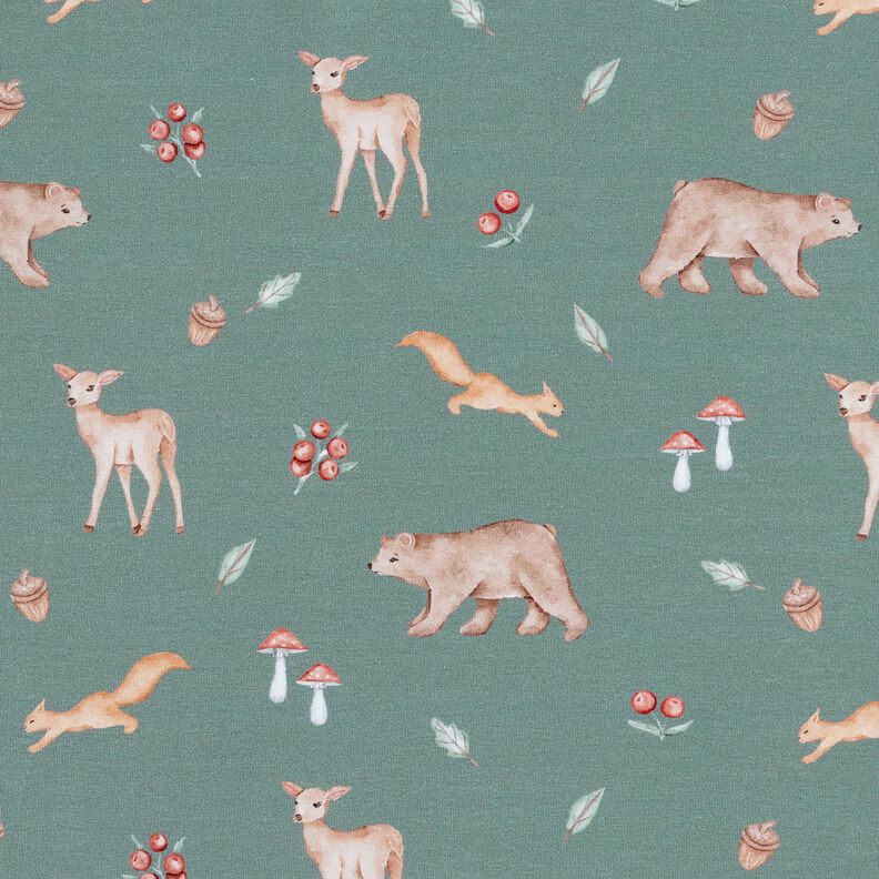 GOTS French Terry Sommersweat Bjørn, rådyr, egern Digitaltryk – mørkegrøn,  image number 1