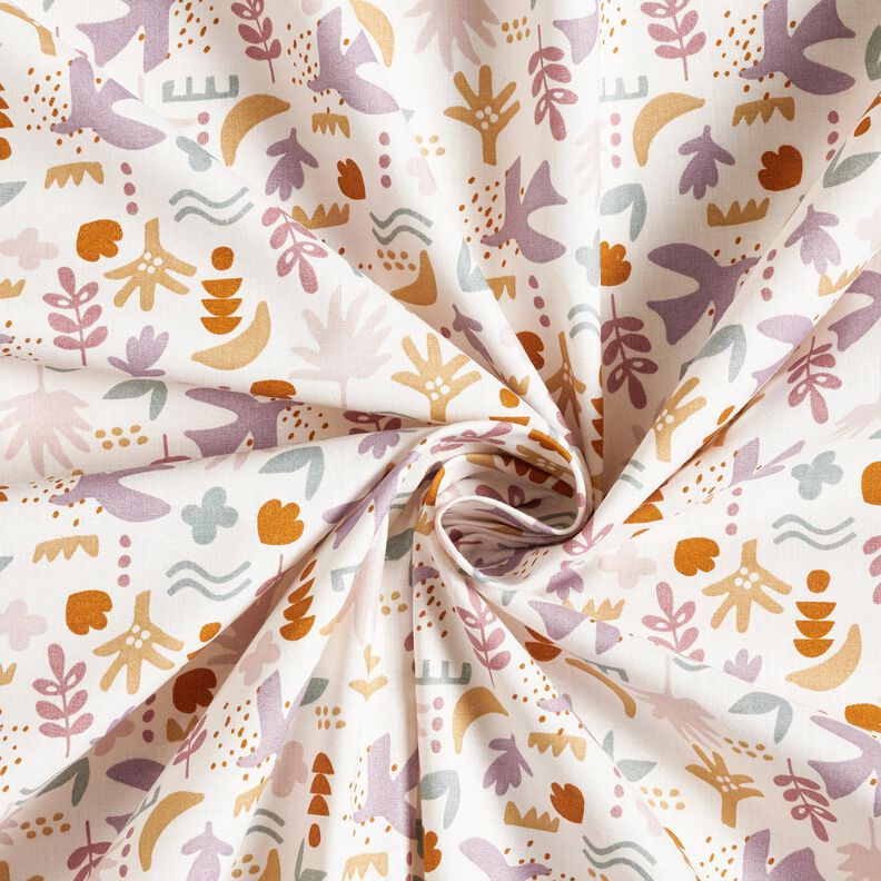 Bomuldsstof Cretonne abstrakte fugle – uldhvid/pastelviolet,  image number 3