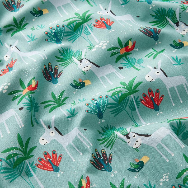 Bomuldsstof Cretonne æsler og påfugle – eukalyptus,  image number 2