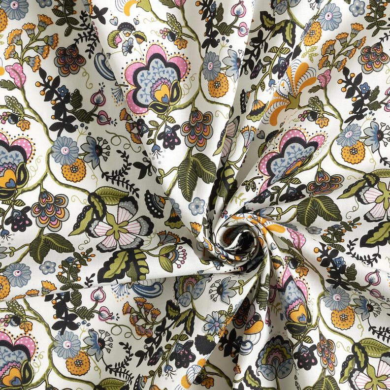 Bomuldspoplin Paisley-blomster – elfenben/dueblå,  image number 3