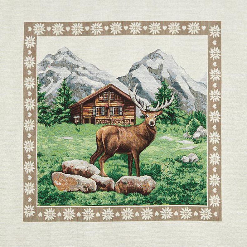 Dekorativt panelstof Gobelin hjort og bjerghytte – brun/grøn,  image number 1