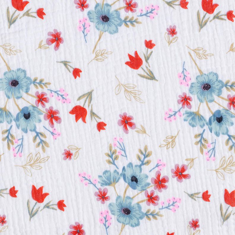 Musselin/Dobbelt-Crincle stof Forårsblomster med tulipaner – hvid/orange,  image number 1