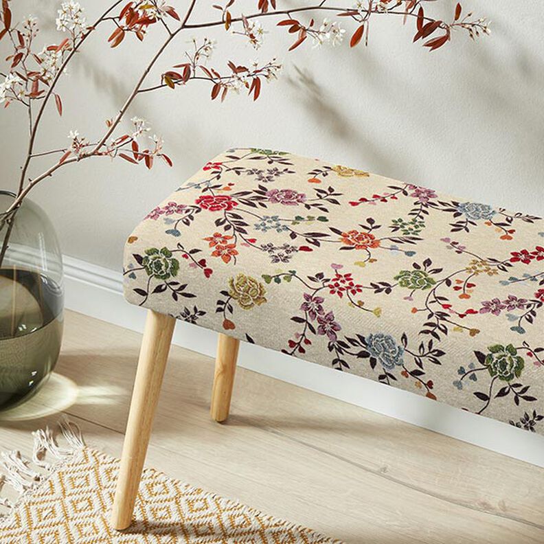 Dekorationsstof Gobelin rosenranker – lysebeige/rød,  image number 6