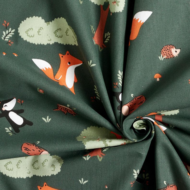 Bomuldspoplin legesyge dyr i skoven – mørkegrøn/ferskenorange,  image number 3
