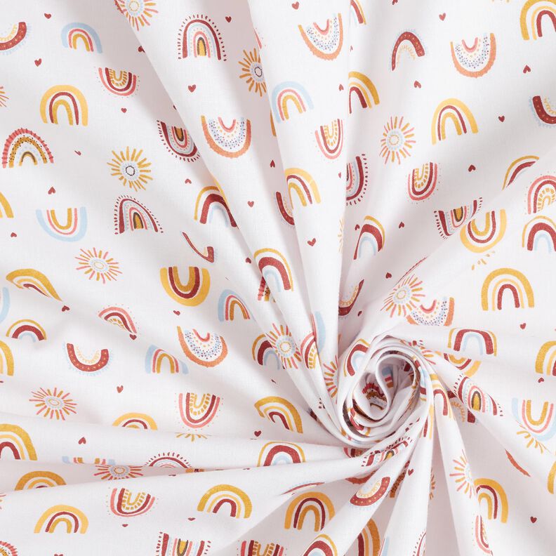 Bomuldsstof Cretonne små regnbuer – hvid/sennep,  image number 3