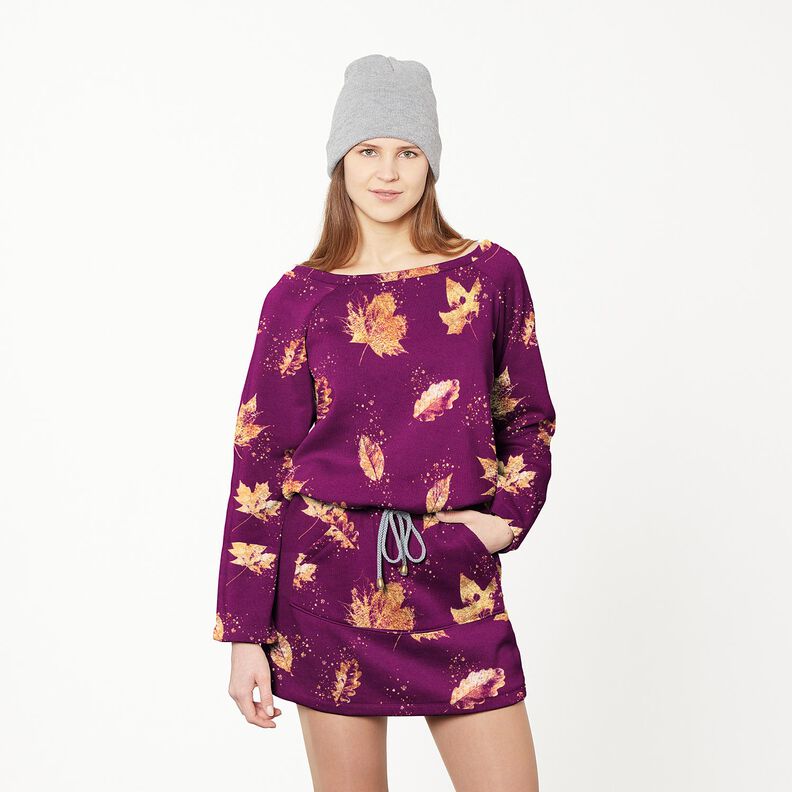 French Terry Gyldne efterårsblade | Glitzerpüppi – drue/guld,  image number 6