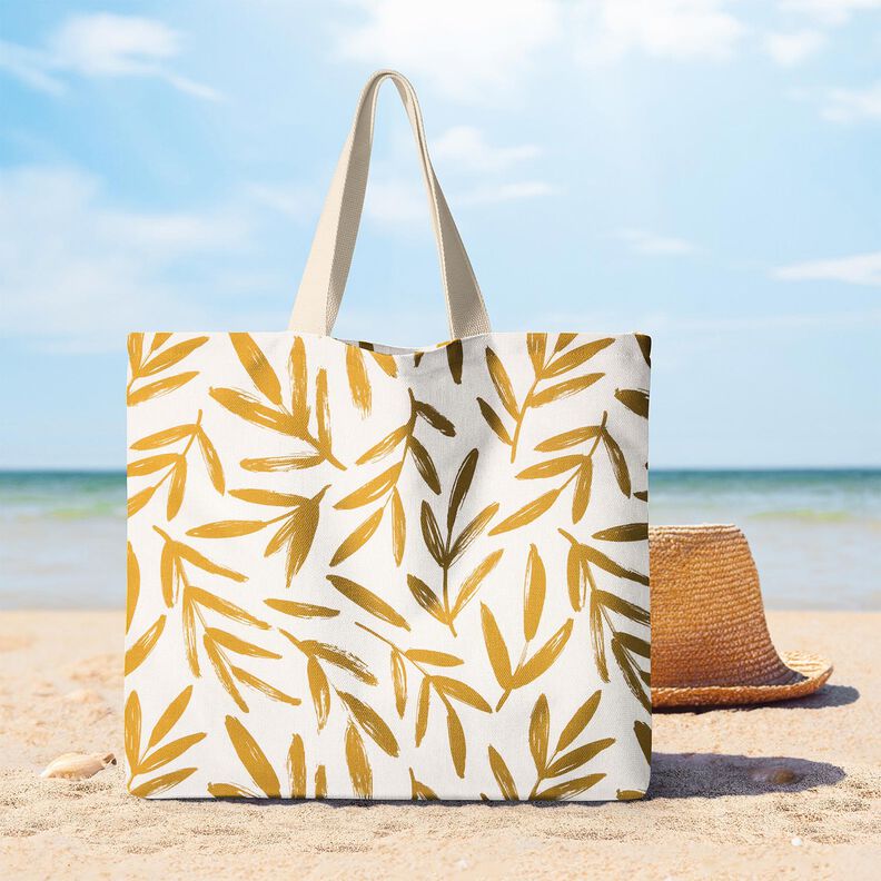 Dekorationsstof Halvpanama minimalistiske blade – sennep/natur,  image number 8