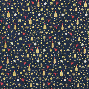 Bomuldsstof Poplin hjerter og stjerner – natblå/guld, 