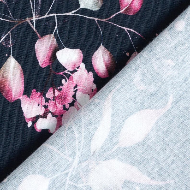 Bomuldsjersey Eukalyptus og hortensia | Glitzerpüppi – natblå/rosa,  image number 4