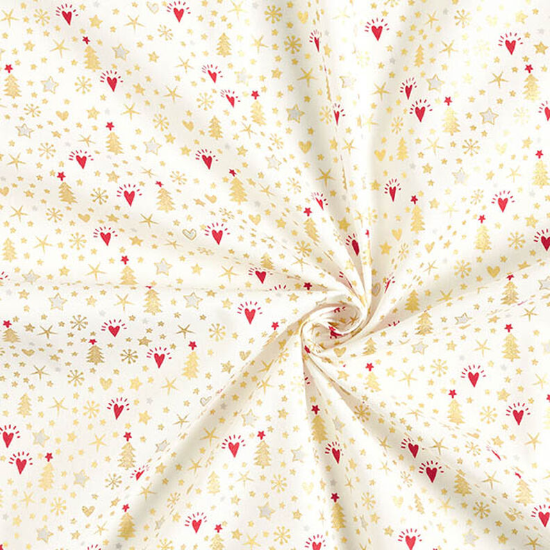 Bomuldsstof Poplin hjerter og stjerner – uldhvid/guld,  image number 3