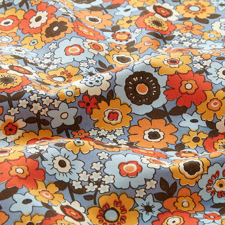 Bomuldsstof Cretonne farverige blomster – lys jeans-blå/orange,  image number 2