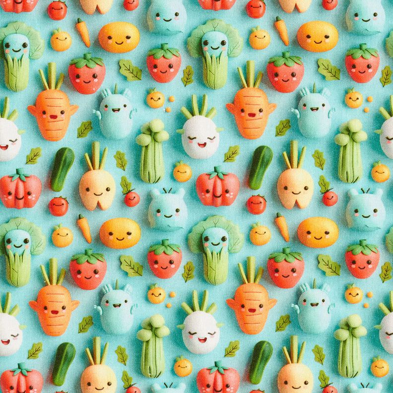 Bomuldspoplin glade modellervoks-grøntsager Digitaltryk – aquablå,  image number 1