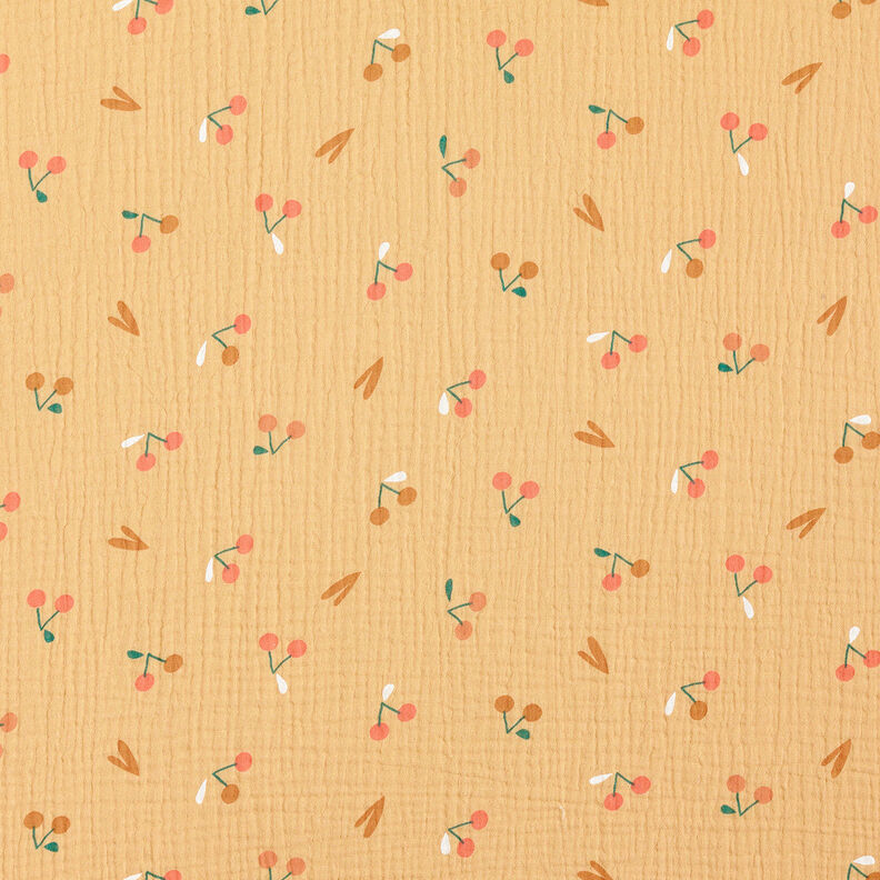 Musselin/Dobbelt-Crincle stof Kirsebær – gammelguld/karamel,  image number 1