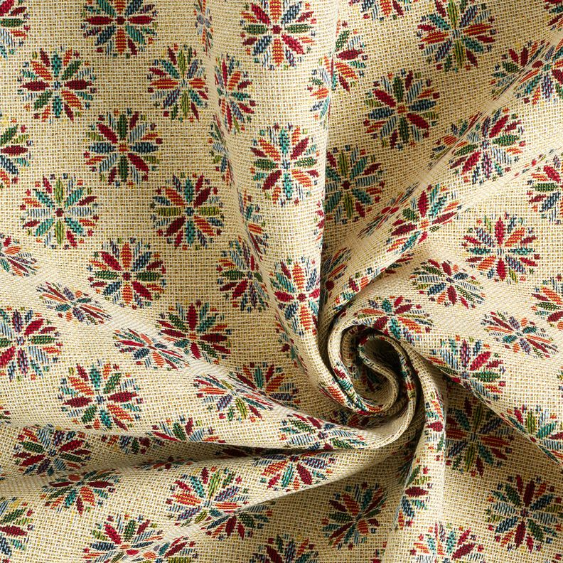 Dekorationsstof Gobelin små blomster-mandalas – lysebeige/rød,  image number 3