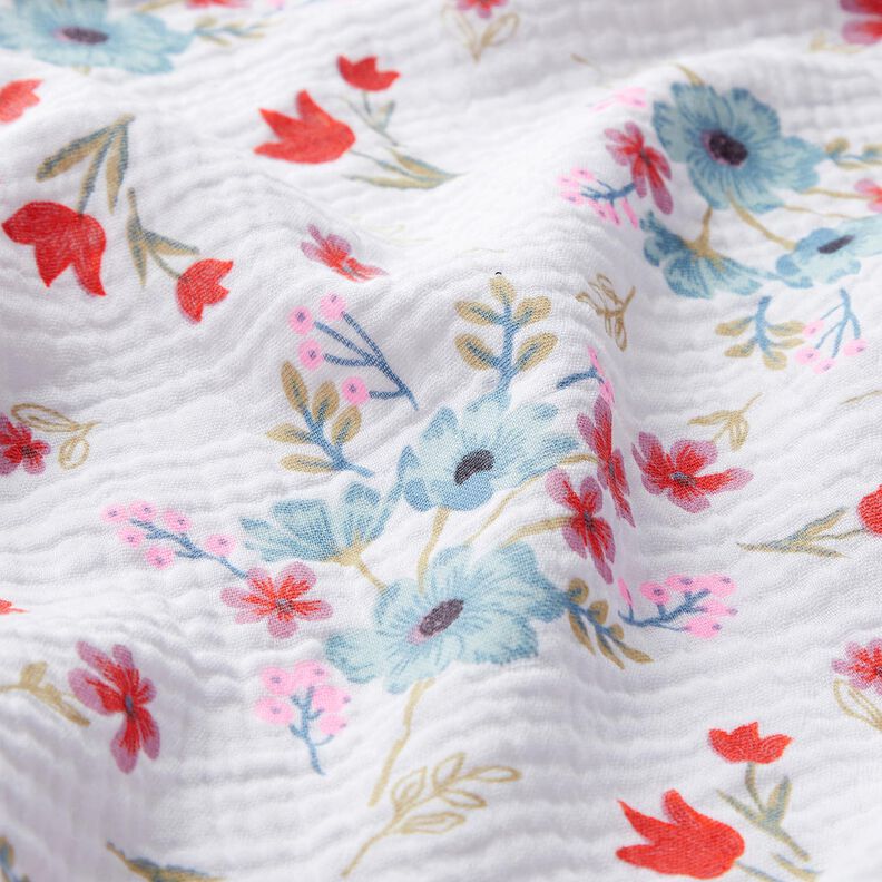 Musselin/Dobbelt-Crincle stof Forårsblomster med tulipaner – hvid/orange,  image number 2