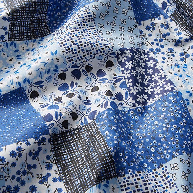 Bomuldsstof Cretonne patchwork-look – hvid/blå,  image number 2