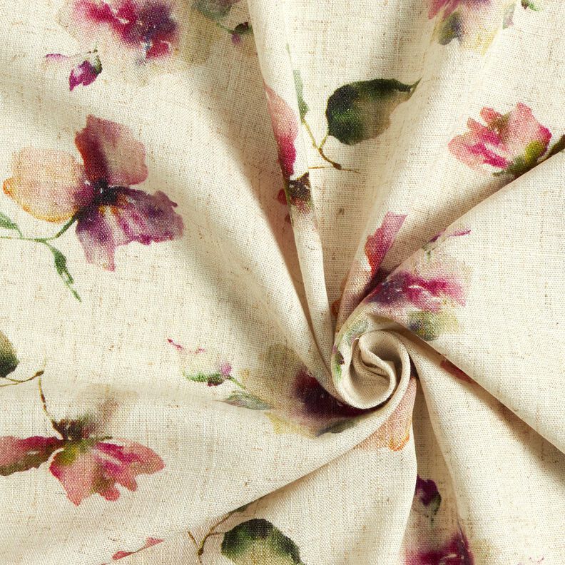 Viskose-hør-miks akvarelblomster – natur/drue,  image number 3