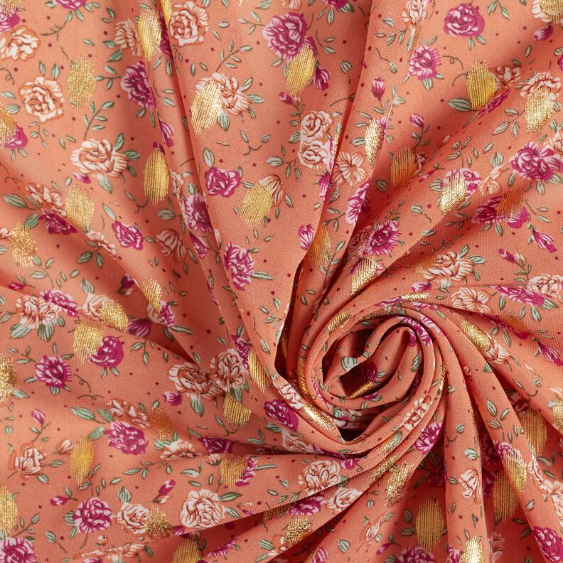 crêpe chiffon blomster og guldprikker – hummerfarvet,  image number 3