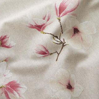 Dekorationsstof Halvpanama Magnolie-blomstrer – malve/natur, 