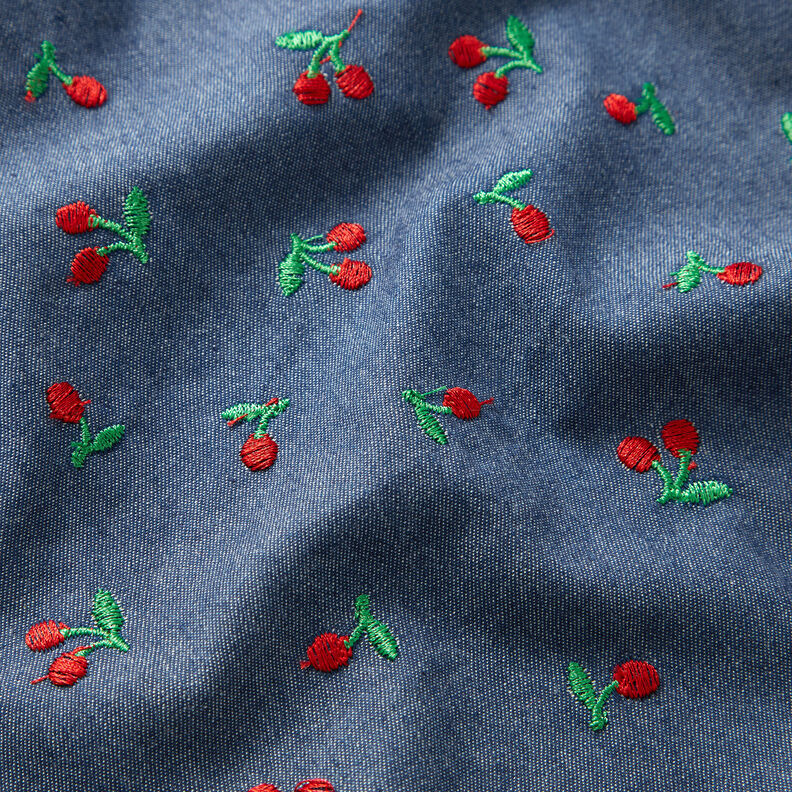 Chambray broderede kirsebær – jeansblå,  image number 2