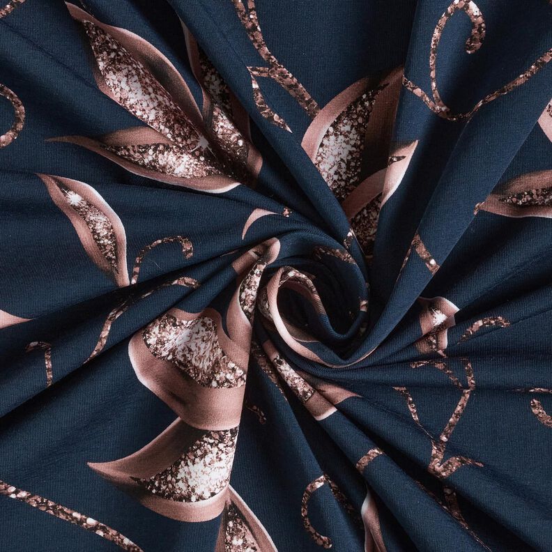 Bomuldsjersey funklende blade | Glitzerpüppi – natblå/mørk gammelrosa,  image number 3