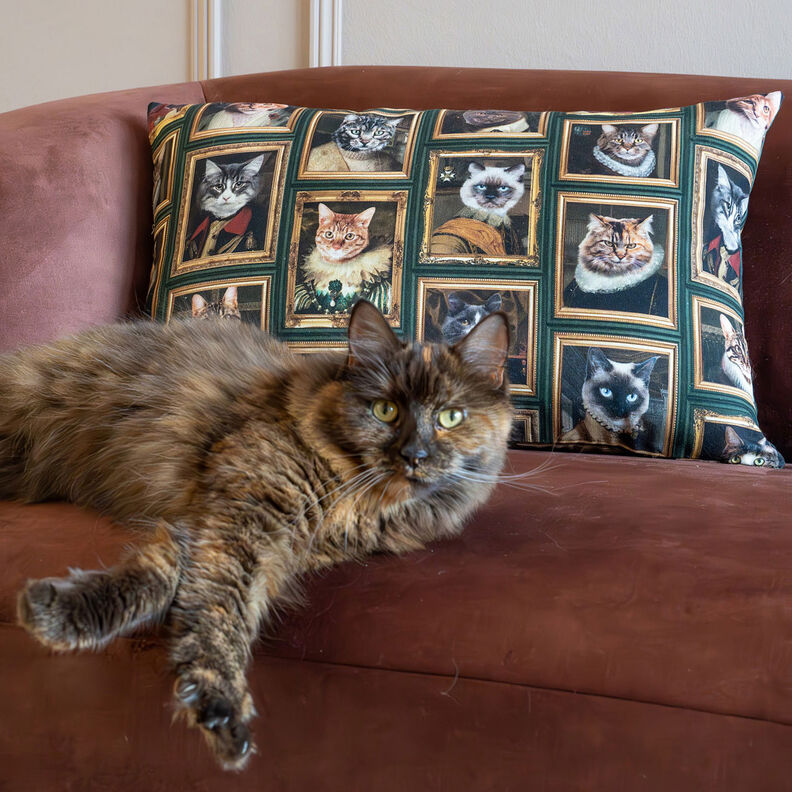 Dekorationsstof Halvpanama katteportr&aelig;tter &ndash; m&oslash;rkegr&oslash;n/guld,  image number 5