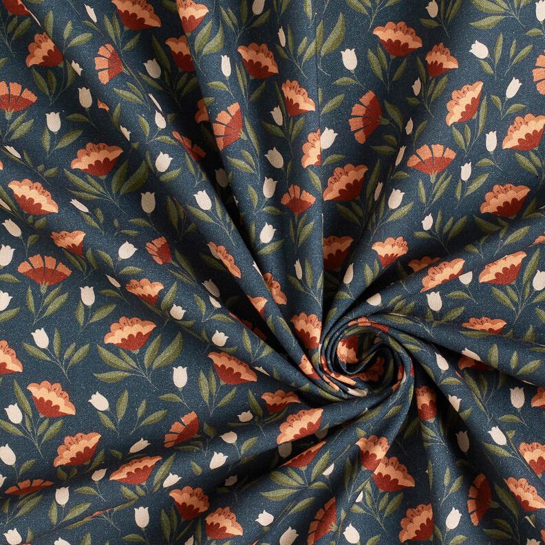 Bomuldsstof Poplin sarte blomster – sort-blå/terracotta,  image number 3