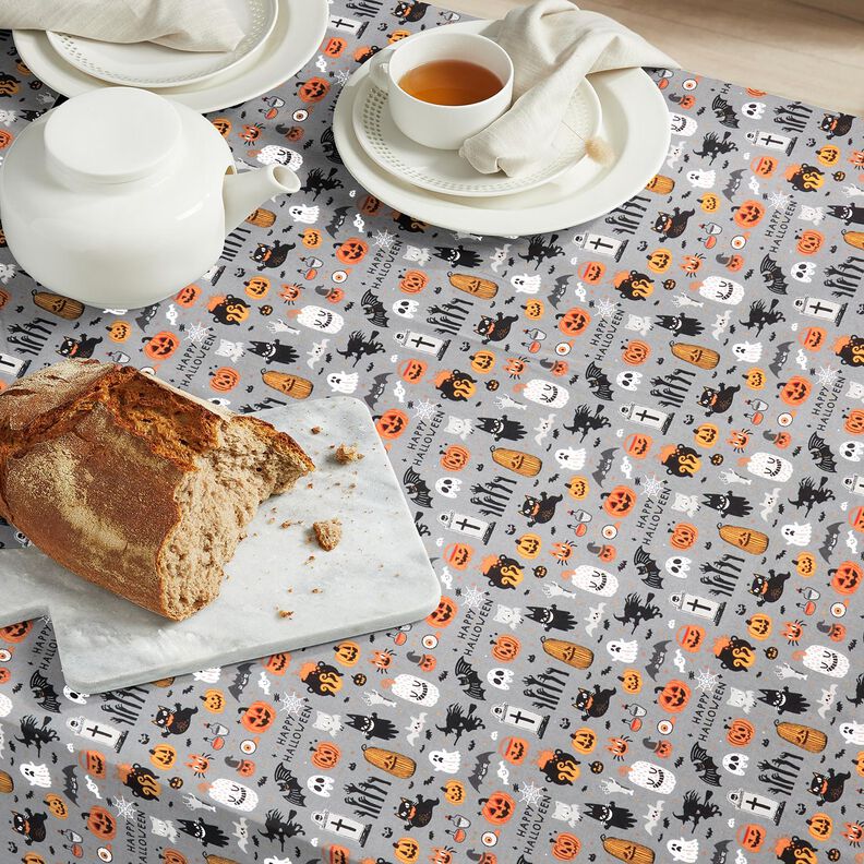 Bomuldsstof Poplin Happy Halloween – elefantgrå/lysorange,  image number 6