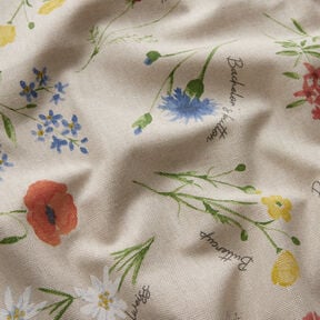 Dekorationsstof Halvpanama alpeblomster – natur/blå, 