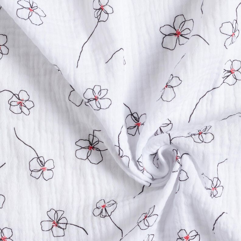 Musselin/Dobbelt-Crincle stof Malede valmuer – hvid/sort,  image number 3