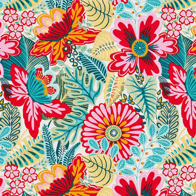 Bomuldsstof Cretonne imponerende blomster – hvid/ildrød,  image number 1