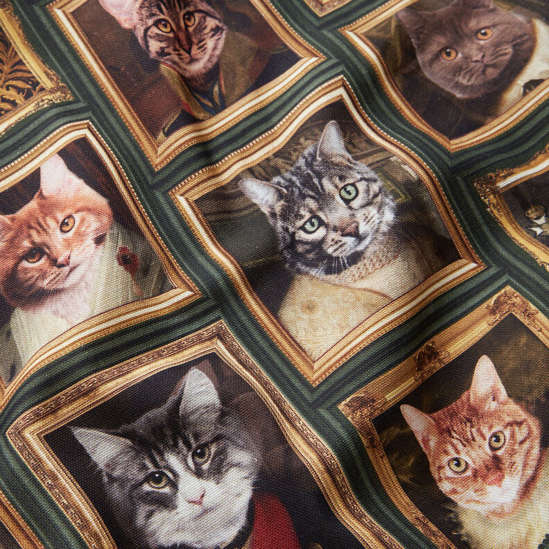 Dekorationsstof Halvpanama katteportr&aelig;tter &ndash; m&oslash;rkegr&oslash;n/guld,  image number 2