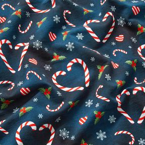 French Terry Sommersweat Candy Cane-hjerter | Glitzerpüppi – natblå/chili, 