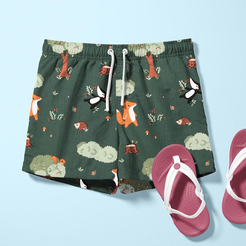 Bomuldspoplin legesyge dyr i skoven – mørkegrøn/ferskenorange,  image number 5