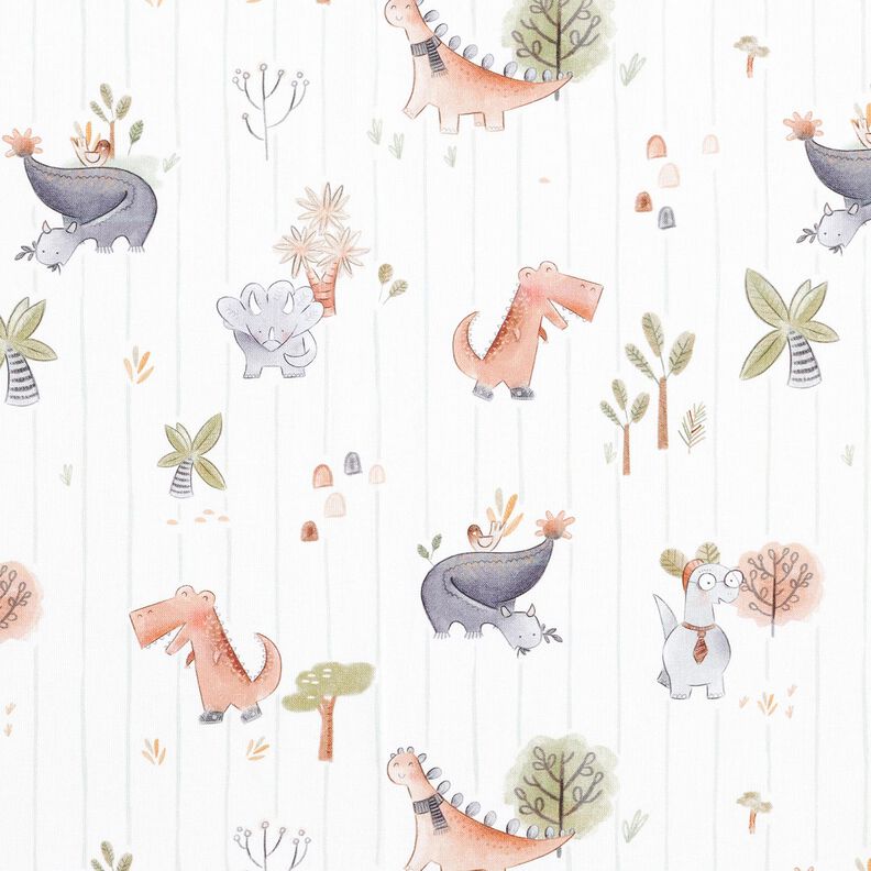 Bomuldspoplin Dinosaurer og striber Digitaltryk – hvid/reed,  image number 1