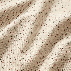 Dekorationsstof Halvpanama festlige stjerner – natur/karminrød, 