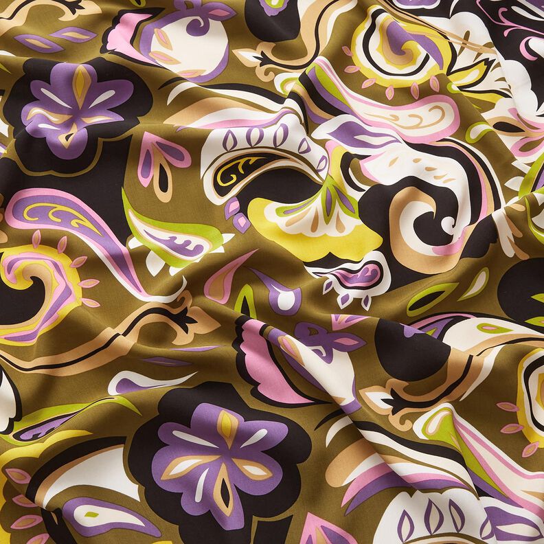 Viskosestof retroblomster – olivengrøn/lilla,  image number 2