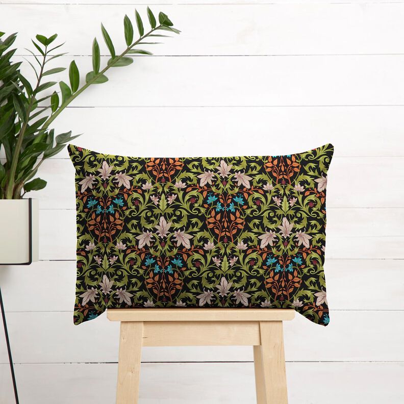 Dekorationsstof Halvpanama bladornamenter – sort/pinje,  image number 7