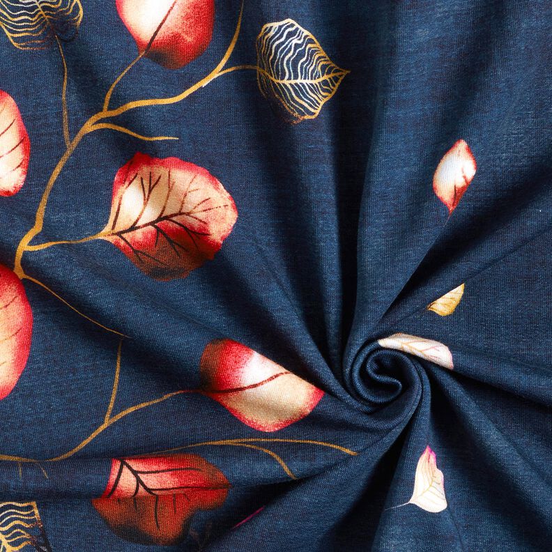 French Terry Bordure stof Efterårsblade | Glitzerpüppi – marineblå/ferskenorange,  image number 3