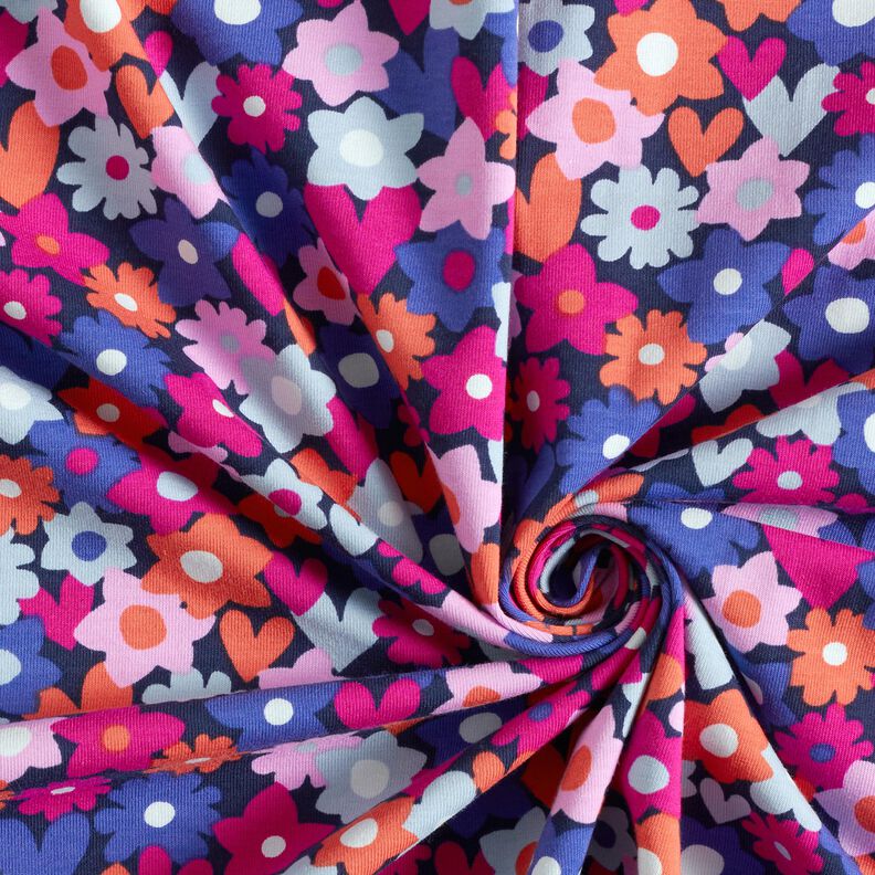 Bomuldsjersey farverige blomster | Poppy Fabrics – natblå,  image number 3