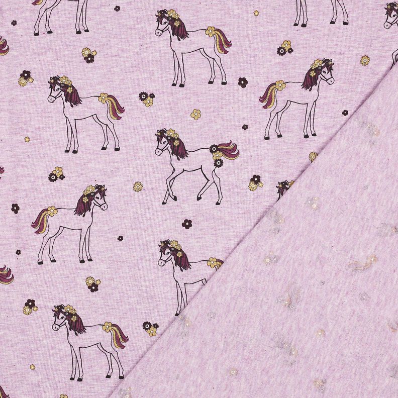 Bomuldsjersey glitter-blomstret hest | Poppy Fabrics – pastelviolet/guld,  image number 4