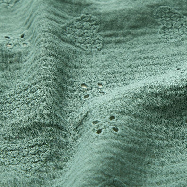 Musselin/Dobbelt-Crincle stof Hulbroderi Hjerter – blågran,  image number 2