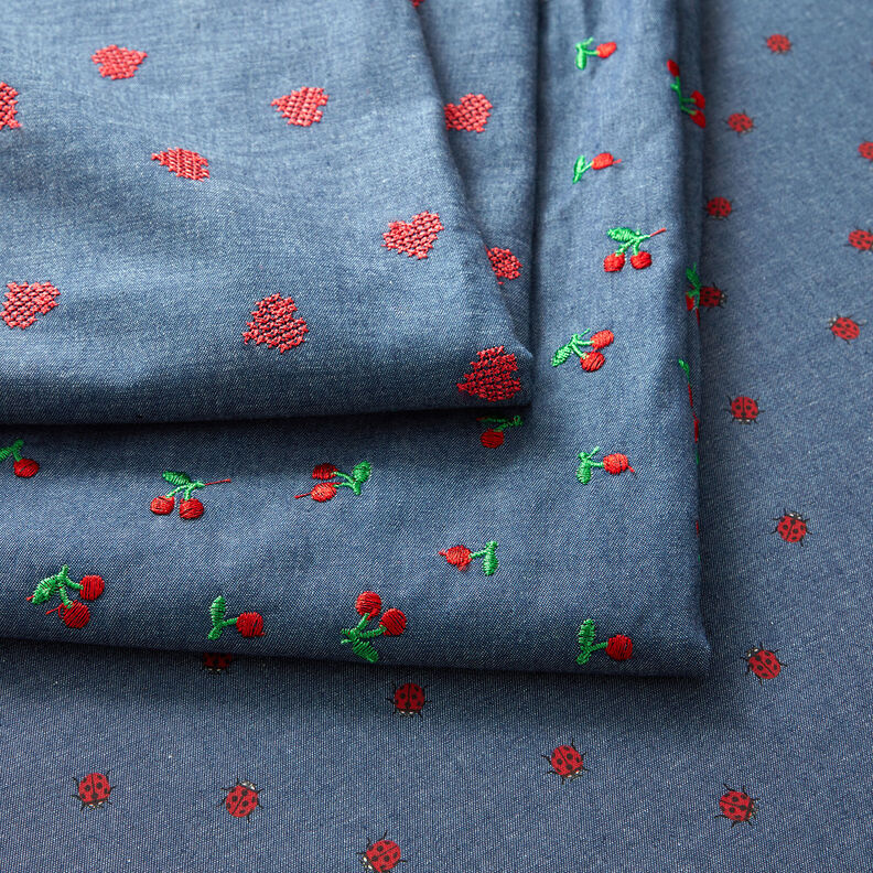 Chambray broderede kirsebær – jeansblå,  image number 6